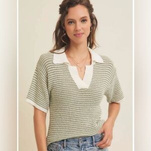 Sage green striped bouclé top